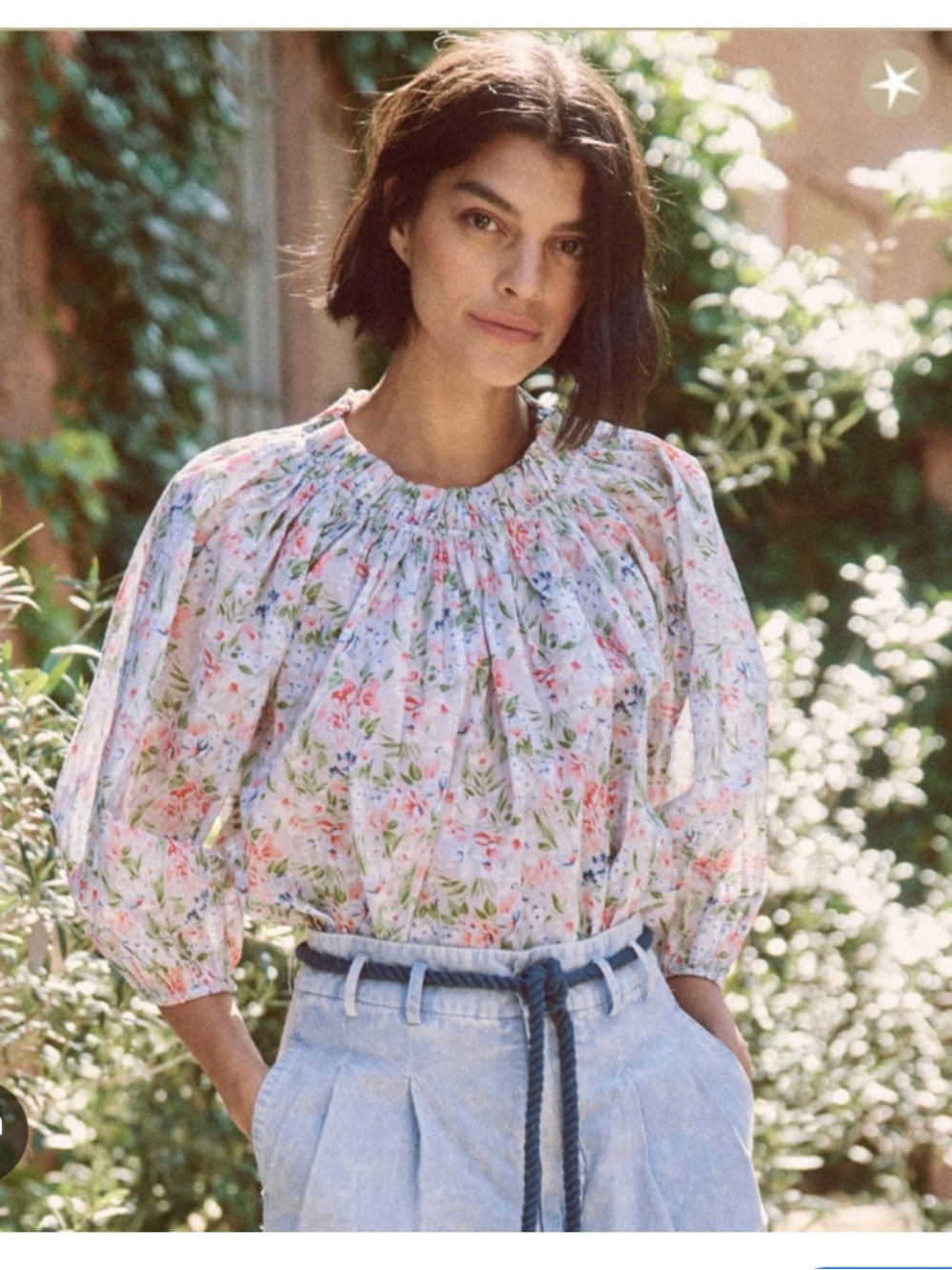 THE GREAT. Floral Off-Shoulder Blouse in White, Coral & Green